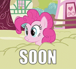Size: 399x360 | Tagged: safe, derpibooru import, edit, edited screencap, screencap, pinkie pie, earth pony, pony, too many pinkie pies, caption, cropped, image macro, solo, soon, text