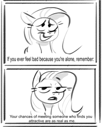 Size: 638x798 | Tagged: safe, artist:imsokyo, derpibooru import, fluttershy, pegasus, pony, /mlp/, 2 panel comic, 4chan, black and white, comic, demotivational, dialogue, drawthread, female, frown, grayscale, grin, lidded eyes, lineart, looking at you, mare, monochrome, open mouth, simple background, sketch, smiling, solo, squee, talking to viewer, white background