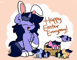 Size: 3250x2560 | Tagged: safe, artist:kimjoman, oc, oc only, oc:purple flix, pony, unicorn, blob, bunny ears, chest fluff, cute, easter, easter egg, eyes closed, holiday, male, question mark, solo, stallion, text, tongue out