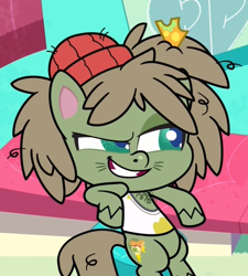 Size: 526x584 | Tagged: safe, screencap, dishwater slog, earth pony, pony, my little pony: pony life, the best of the worst, spoiler:pony life s01e02, bipedal, bipedal leaning, chest hair, cropped, dirty, leaning, male, smug, solo, stallion