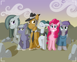 Size: 3120x2516 | Tagged: safe, artist:sixes&sevens, derpibooru import, cloudy quartz, igneous rock pie, limestone pie, marble pie, maud pie, pinkie pie, earth pony, pony, clothes, dress, floppy ears, glasses, hat, kiss on the cheek, kissing, looking at the camera, necktie, outdoors, pie family, pie sisters, rock, siblings, sisters, smiling, when igneous rock pie smiles