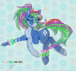 Size: 3508x3306 | Tagged: safe, artist:srk-arts, oc, oc only, earth pony, pony, abstract background, blue, cutie mark, dancing, festival, glow, happy, jumping, one eye closed, party, pattern, solo, streak, tongue out, wink, winking at you