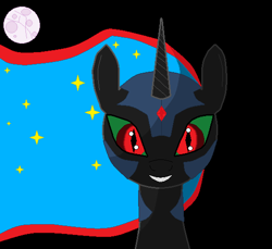 Size: 543x497 | Tagged: safe, artist:night-fire123, nightmare moon, alicorn, pony, black background, broken harmony, dark magic, ethereal mane, helmet, magic, moon, simple background, solo, sombra eyes, starry mane, story included, wavy mane