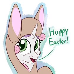 Size: 1000x1000 | Tagged: safe, artist:litrojia, sweetie belle, pony, unicorn, animal costume, bunny costume, bunny ears, bust, clothes, costume, dialogue, female, filly, looking at you, portrait, raised hoof, simple background, smiling, solo, transparent background