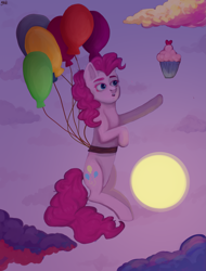 Size: 2055x2700 | Tagged: safe, artist:ske, derpibooru import, pinkie pie, earth pony, pony, balloon, cupcake, female, floating, flying, food, mare, solo, then watch her balloons lift her up to the sky