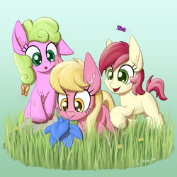 Size: 2250x2250 | Tagged: safe, artist:litrojia, daisy, flower wishes, lily, lily valley, roseluck, butterfly, earth pony, pony, :o, chest fluff, cute, dandelion, dirt, ear fluff, female, filly, flower, flower trio, gradient background, grass, high res, large ears, nudge, open mouth, poison joke, rock, smiling, this will end in tears, this will not end well, trio, younger