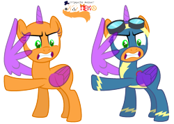 Size: 1701x1213 | Tagged: safe, artist:katnekobase, oc, oc only, alicorn, pony, alicorn oc, annoyed, base, clothes, duo, eyelashes, goggles, gritted teeth, horn, raised hoof, simple background, transparent background, uniform, wing hands, wings, wonderbolts uniform