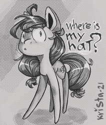 Size: 685x808 | Tagged: safe, artist:krista-21, derpibooru import, applejack, earth pony, pony, hatless, missing accessory, monochrome, screentone, solo