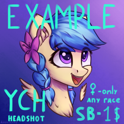 Size: 3000x3000 | Tagged: safe, artist:adagiostring, oc, oc only, oc:jeppesen, pegasus, pony, auction, braid, bust, commission, cute, flower, flower in hair, pegasus oc, portrait, purple eyes, wings, your character here