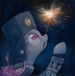 Size: 1269x1285 | Tagged: safe, artist:krista-21, oc, oc only, pony, clothes, hat, mouth hold, night, profile, smiling, solo, sparkler (firework), sweater, ushanka