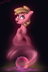 Size: 1800x2700 | Tagged: safe, artist:shido-tara, oc, oc:puppysmiles, ghost, undead, fallout equestria, fallout equestria: pink eyes, dark background, fanfic art, female, filly, helmet, pink cloud (fo:e), simple background, smiling