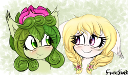 Size: 1498x882 | Tagged: safe, artist:freefraq, oc, oc:flower, oc:lai chi, bat pony, original species, plant pony, braid, curly hair, plant