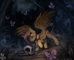 Size: 1400x1124 | Tagged: safe, artist:foxinshadow, derpibooru import, fluttershy, butterfly, pegasus, pony, bone, commission, corpse, everfree forest, female, mare, skeleton, spirit