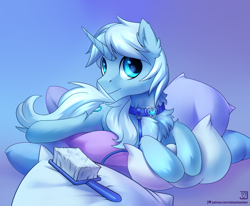 Size: 2424x2000 | Tagged: safe, artist:jedayskayvoker, oc, oc:crystal tundra, unicorn, brush, brushable, collar, crystal heart, fluffy, leash, looking at you, male, pet play, pillow, solo, stallion, toy