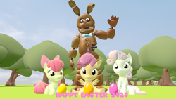 Size: 3840x2160 | Tagged: safe, artist:optimussparkle, apple bloom, scootaloo, sweetie belle, earth pony, pegasus, pony, unicorn, 3d, bonnie, chocolate bonnie, cutie mark crusaders, easter, easter egg, female, filly, five nights at freddy's, five nights at freddy's ar special delivery, holiday, source filmmaker