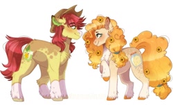 Size: 1145x698 | Tagged: safe, artist:wanderingpegasus, bright mac, pear butter, earth pony, pony, blushing, character design, chest fluff, coat markings, cute couple, digital art, eye contact, female, flower, flower in hair, freckles, hat, headcanon, ibispaint x, looking at each other, male, mare, pale belly, redesign, simple background, smiling, socks (coat marking), stallion, unshorn fetlocks, white background