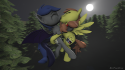 Size: 1280x720 | Tagged: safe, alternate version, artist:batponyecho, oc, oc only, oc:echo, oc:rory kenneigh, bat pony, pegasus, pony, 3d, bat pony oc, bat wings, commission, cutie mark, eyes closed, female, flying, forest, kissing, male, mare, moon, night, oc x oc, shipping, source filmmaker, spread wings, stallion, straight, tail, tree, wings, ych result