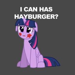 Size: 630x630 | Tagged: safe, artist:pegajen, twilight sparkle, twilight sparkle (alicorn), alicorn, pony, caption, female, floppy ears, folded wings, food, gray background, i can has cheezburger, image macro, ketchup, mare, meme, ponified meme, sauce, simple background, sitting, solo, text, that pony sure does love burgers, wings