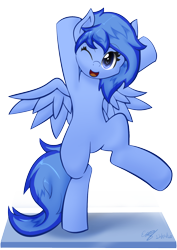 Size: 1026x1451 | Tagged: safe, artist:icy wings, oc, oc:frost soar, pegasus, bipedal, happy, one eye closed, solo, wink