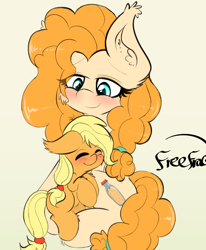 Size: 1356x1648 | Tagged: safe, artist:freefraq, derpibooru import, applejack, pear butter, earth pony, pony, cute, female, filly, filly applejack, jackabetes, mother and child, mother and daughter, parent and child, pearabetes, weapons-grade cute, younger