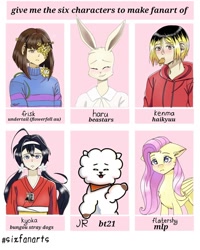 Size: 1080x1349 | Tagged: safe, artist:_niko._.art_, derpibooru import, fluttershy, human, pegasus, pony, rabbit, sheep, animal, anthro with ponies, athro, beastars, blushing, bt21, bungou stray dogs, bust, clothes, crossover, female, flower, flowey, haikyuu, haru (beastars), kenma kozume, kyouka izumi, mare, six fanarts, smiling, undertale, waving