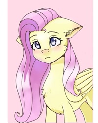 Size: 506x631 | Tagged: safe, alternate version, artist:_niko._.art_, derpibooru import, fluttershy, pegasus, pony, bust, cheek fluff, chest fluff, ear fluff, female, floppy ears, folded wings, looking at you, mare, solo, standing, three quarter view, wings