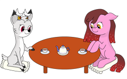 Size: 2892x1810 | Tagged: safe, artist:mannitenerisunt, oc, oc only, oc:cherry bottom, oc:maple (colt quest), deer, earth pony, pony, antlers, cloven hooves, colt, colt quest, cup, cute, fawn, food, jewelry, male, pillow, simple background, sitting, smiling, table, tea, tea set, teacup, teapot, transparent background