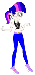 Size: 278x601 | Tagged: safe, artist:azura-bases, artist:mlp-lolada, twilight sparkle, human, alternate hairstyle, base used, bedroom eyes, belly button, belt, clothes, female, glasses, grin, humanized, jeans, midriff, pants, shoes, simple background, smiling, solo, tanktop, transparent background