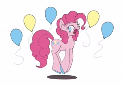 Size: 2520x1768 | Tagged: safe, artist:ramott, derpibooru import, pinkie pie, earth pony, pony, balloon, chest fluff, cute, diapinkes, female, leg fluff, mare, no pupils, open mouth, simple background, solo, unshorn fetlocks, white background