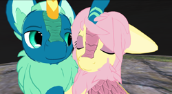 Size: 1942x1056 | Tagged: safe, artist:melimoo2000, derpibooru import, fluttershy, sky stinger, kirin, pony, 3d, big ears, chest fluff, couple, ear fluff, eyes closed, horn, kirin-ified, looking at each other, scales, second life, species swap