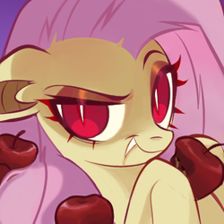 Size: 360x360 | Tagged: safe, artist:switchsugar, derpibooru import, fluttershy, bat pony, pony, apple, bat ponified, bust, cute, dreamworks face, fangs, female, flutterbat, food, hoof hold, looking at you, mare, portrait, race swap, red eyes, shyabates, shyabetes, slit eyes, smiling, solo, three quarter view