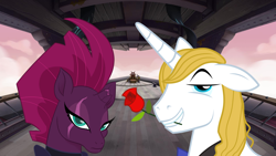 Size: 2064x1161 | Tagged: safe, fizzlepop berrytwist, prince blueblood, tempest shadow, unicorn, spoiler:comicff26, airship, ambassador, annoyed, arrogant, belligerent sexual tension, berryblood, diplomacy, fanfic idea, fantasy class, female, flower, flower in mouth, frown, male, mouth hold, rose, rose in mouth, shipping, shipping fuel, smiling, smug, straight, tempest shadow is not amused, tempest's airship, this will end in shipping, this will not end well, unamused, warrior