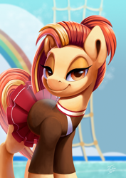 Size: 1554x2200 | Tagged: safe, artist:tsitra360, shimmy shake, earth pony, pony, cheerleader, clothes, female, lidded eyes, looking at you, mare, smiling, solo