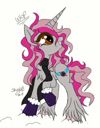 Size: 720x923 | Tagged: safe, alternate version, artist:_wulfie, oc, oc:glam button, pony, unicorn, clothes, colored, female, grin, horn, looking up, mare, mittens, raised hoof, scarf, signature, simple background, smiling, solo, text, unicorn oc, unshorn fetlocks, white background