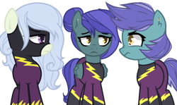 Size: 1192x712 | Tagged: safe, alternate version, artist:arina-san624, artist:icey-wicey-1517, color edit, edit, oc, oc only, oc:lightning skies, oc:rainy skies (ice1517), pegasus, pony, collaboration, annoyed, clothes, colored, costume, ear piercing, earring, female, icey-verse, jewelry, magical gay spawn, magical lesbian spawn, mare, offspring, parent:lily lace, parent:nightshade, parent:open skies, parent:thunderlane, parents:nightlace, parents:thunderskies, piercing, shadowbolts, shadowbolts costume, siblings, simple background, sisters, transparent background, twins