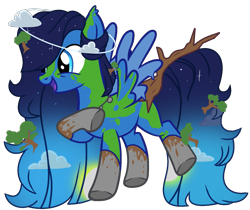 Size: 1507x1268 | Tagged: safe, artist:pegasski, artist:rukemon, oc, oc only, oc:terra natura, pegasus, pony, base used, cloud, coat markings, commission, dirt, earth, ethereal mane, female, halo, jewelry, mare, multicolored hair, necklace, open mouth, raised hoof, raised leg, rock, simple background, solo, starry mane, stick, transparent background, tree, wood
