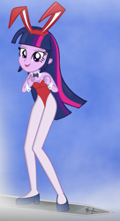 Size: 893x1639 | Tagged: safe, artist:grapefruitface1, twilight sparkle, equestria girls, bare shoulders, bowtie, bunny ears, bunny suit, clothes, cloud, cuffs (clothes), daicon iv, looking at you, playboy bunny, sky, sleeveless, solo, strapless, sword, weapon