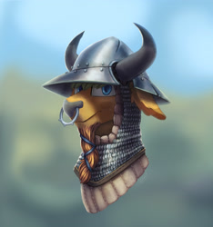 Size: 2703x2892 | Tagged: safe, artist:helmie-art, oc, oc:hard cider, bust, gambeson, helmet, horns, nose piercing, nose ring, piercing, portrait