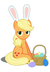 Size: 4134x5906 | Tagged: safe, artist:mrkat7214, derpibooru import, applejack, earth pony, pony, rabbit, absurd resolution, animal, basket, bunny ears, cute, easter, easter egg, egg, female, food, hatless, holiday, jackabetes, lidded eyes, looking at you, mare, missing accessory, simple background, sitting, solo, transparent background, vector