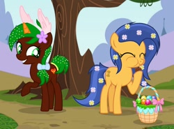 Size: 1280x948 | Tagged: safe, artist:razorbladetheunicron, oc, oc only, oc:lanoga, oc:razor blade, earth pony, pony, unicorn, base used, basket, bow, bunny ears, chocolate bunny, colored horn, confetti, duo, easter, easter basket, easter egg, eating, female, flower, flower in hair, hair bow, headband, holiday, horn, teenager