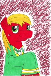 Size: 2215x3279 | Tagged: safe, artist:jarcup, big macintosh, earth pony, pony, abstract background, bowtie, bust, freckles, male, ponytones outfit, solo, stallion, traditional art