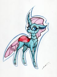 Size: 1280x1719 | Tagged: safe, artist:luxiwind, ocellus, changedling, changeling, cute, diaocelles, exoskeleton, fangs, female, high res, solo, traditional art