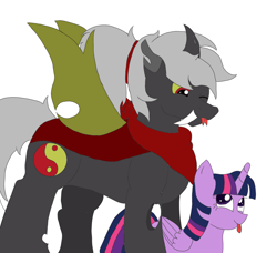 Size: 1988x1814 | Tagged: safe, artist:koldkilla, twilight sparkle, twilight sparkle (alicorn), oc, oc:bandit, alicorn, changeling, pony, :p, canon x oc, cutie mark, digital art, double colored changeling, newbie artist training grounds, ponytail, simple background, size difference, tongue out, white background, yin-yang