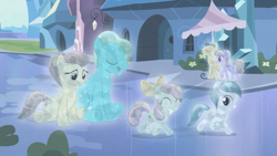 Size: 2000x1125 | Tagged: safe, screencap, bright smile, castle (crystal pony), fleur de verre, ivory, ivory rook, opal bloom, crystal pony, pony, the crystal empire, crystallized, eyes closed, female, filly, foal, glass slipper, male, mare, stallion