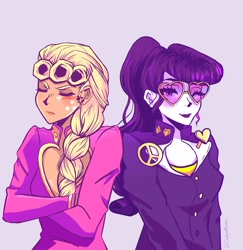 Size: 1988x2048 | Tagged: safe, artist:abarai, applejack, rarity, equestria girls, blushing, clothes, cosplay, costume, female, giorno giovanna, jojo's bizarre adventure, josuke higashikata, lesbian, rarijack, shipping