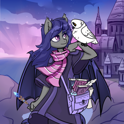 Size: 1920x1920 | Tagged: safe, artist:shooshaa, oc, oc:dusk rhine, anthro, bat pony, bird, owl, adventurer, clothes, cute, female, pet, robe, satchel, solo, wand, wizard