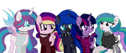 Size: 3500x1466 | Tagged: safe, artist:angelina-pax, oc, oc only, oc:angsty emocore, oc:clausa vera, oc:misanthropy melody, oc:myringa, oc:soprano shadow, alicorn, bat pony, bat pony alicorn, changeling, earth pony, pegasus, pony, undead, unicorn, vampire, vampony, alicorn oc, band, bat pony oc, bat wings, changeling oc, chinese, choker, clothes, coat markings, curved horn, fangs, female, fishnets, flannel, heart, hoodie, horn, horn ring, jewelry, lip piercing, look-alike, messy mane, multicolored hair, necklace, nose piercing, nose ring, not cadance, not celestia, not flurry heart, not luna, not twilight sparkle, piercing, raised hoof, siblings, simple background, sisters, socks, spiked choker, striped socks, tattoo, transparent background, wall of tags, wing piercing, wings, wristband, ych result