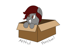 Size: 842x595 | Tagged: safe, artist:digital blackjack, oc, oc only, oc:artfulcord, pegasus, pony, box, cardboard box, colt, male, pony in a box, simple background, solo, white background