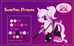 Size: 3001x1881 | Tagged: safe, artist:n0kkun, oc, oc only, oc:sweeten dreams, pony, unicorn, assault rifle, belt, boots, clothes, coat markings, female, fingerless gloves, freckles, g36, gloves, gun, heckler and koch, knife, leggings, mare, multicolored mane, raised hoof, reference sheet, rifle, shirt, shoes, solo, watch, weapon, wristwatch