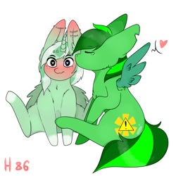 Size: 6000x6000 | Tagged: safe, artist:henneysee86, oc, oc:jester pi, oc:shining emerald, pegasus, blushing, cute, heart, horn, kissing, simple background, smootch, white background, wings